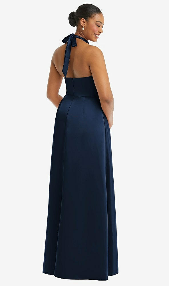 Back View - Midnight Navy High-Neck Tie-Back Halter Cascading High Low Maxi Dress
