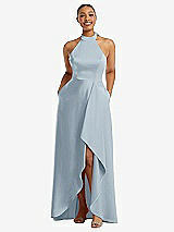 Front View Thumbnail - Mist High-Neck Tie-Back Halter Cascading High Low Maxi Dress