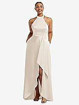 Front View Thumbnail - Oat High-Neck Tie-Back Halter Cascading High Low Maxi Dress