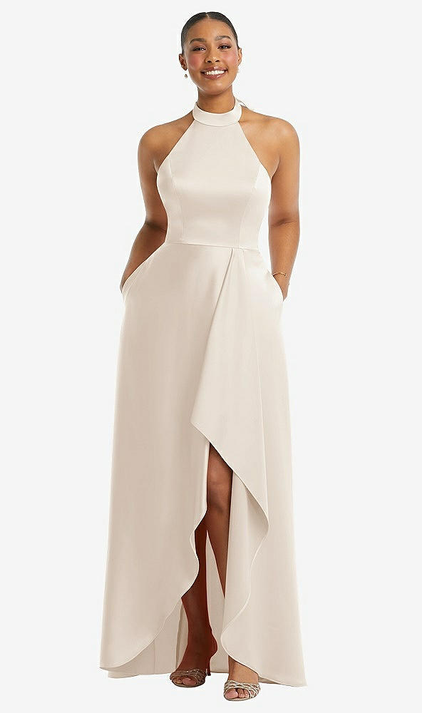 Front View - Oat High-Neck Tie-Back Halter Cascading High Low Maxi Dress