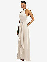 Side View Thumbnail - Oat High-Neck Tie-Back Halter Cascading High Low Maxi Dress