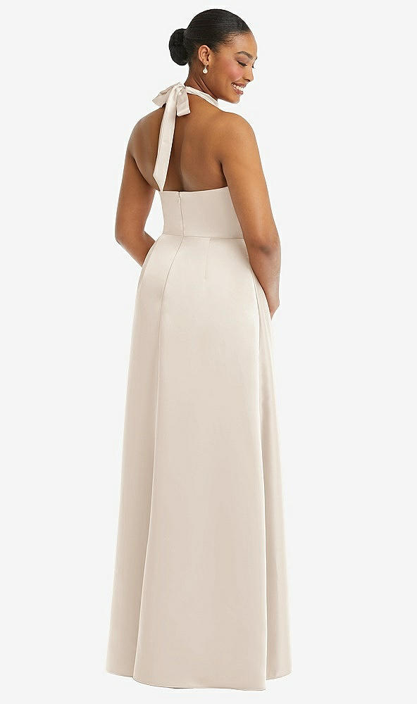 Back View - Oat High-Neck Tie-Back Halter Cascading High Low Maxi Dress