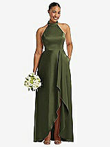 Alt View 1 Thumbnail - Olive Green High-Neck Tie-Back Halter Cascading High Low Maxi Dress