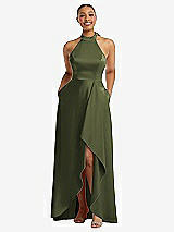 Front View Thumbnail - Olive Green High-Neck Tie-Back Halter Cascading High Low Maxi Dress