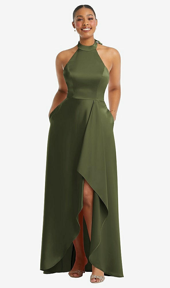 Front View - Olive Green High-Neck Tie-Back Halter Cascading High Low Maxi Dress