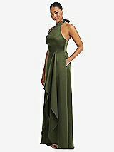 Side View Thumbnail - Olive Green High-Neck Tie-Back Halter Cascading High Low Maxi Dress