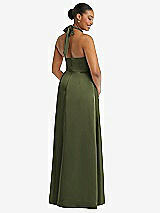 Rear View Thumbnail - Olive Green High-Neck Tie-Back Halter Cascading High Low Maxi Dress