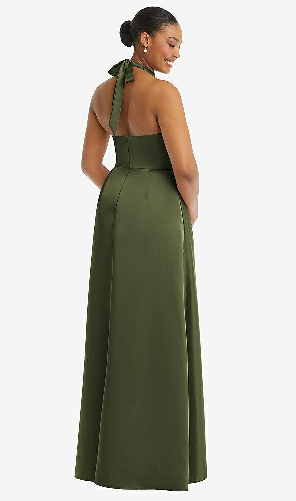Back View - Olive Green High-Neck Tie-Back Halter Cascading High Low Maxi Dress