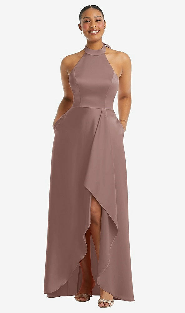 Front View - Sienna High-Neck Tie-Back Halter Cascading High Low Maxi Dress