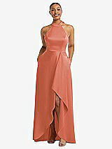 Front View Thumbnail - Terracotta Copper High-Neck Tie-Back Halter Cascading High Low Maxi Dress