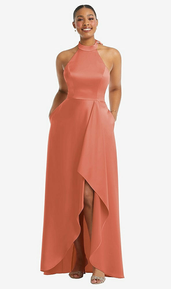 Front View - Terracotta Copper High-Neck Tie-Back Halter Cascading High Low Maxi Dress