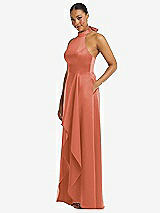 Side View Thumbnail - Terracotta Copper High-Neck Tie-Back Halter Cascading High Low Maxi Dress