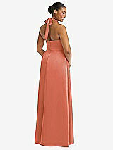 Rear View Thumbnail - Terracotta Copper High-Neck Tie-Back Halter Cascading High Low Maxi Dress