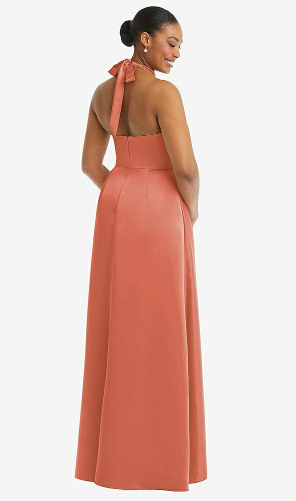 Back View - Terracotta Copper High-Neck Tie-Back Halter Cascading High Low Maxi Dress