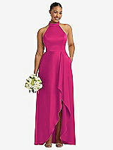 Alt View 1 Thumbnail - Think Pink High-Neck Tie-Back Halter Cascading High Low Maxi Dress