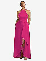 Front View Thumbnail - Think Pink High-Neck Tie-Back Halter Cascading High Low Maxi Dress