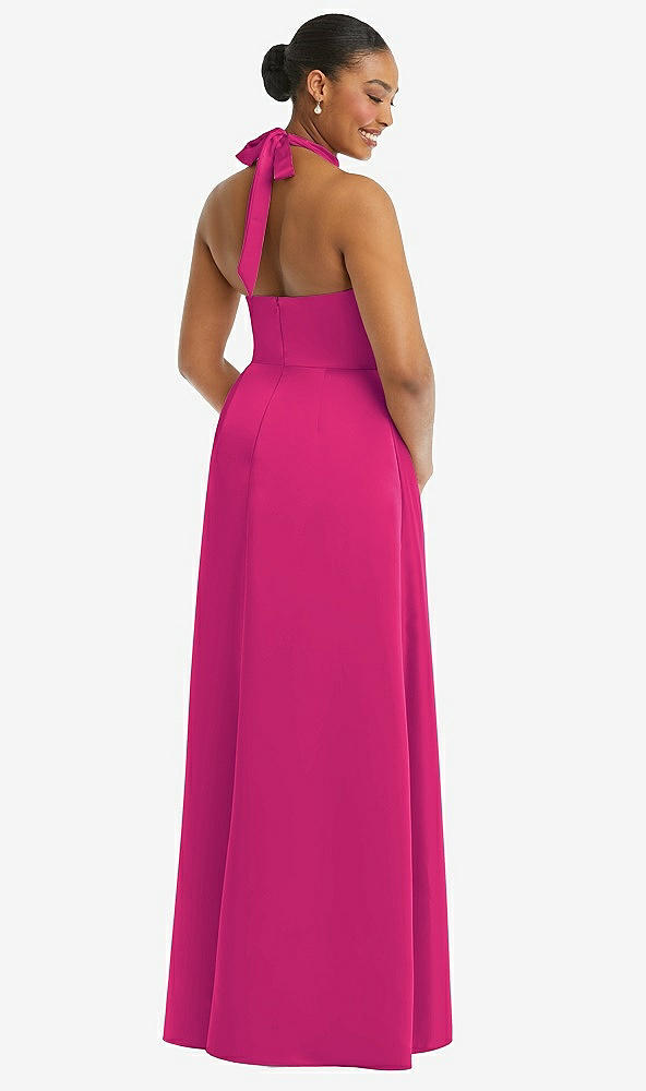 Back View - Think Pink High-Neck Tie-Back Halter Cascading High Low Maxi Dress