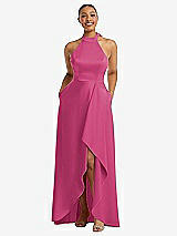 Front View Thumbnail - Tea Rose High-Neck Tie-Back Halter Cascading High Low Maxi Dress