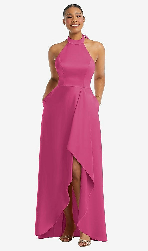 Front View - Tea Rose High-Neck Tie-Back Halter Cascading High Low Maxi Dress