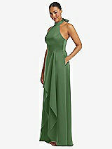 Side View Thumbnail - Vineyard Green High-Neck Tie-Back Halter Cascading High Low Maxi Dress