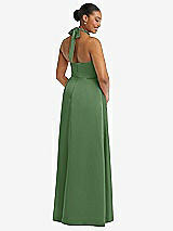 Rear View Thumbnail - Vineyard Green High-Neck Tie-Back Halter Cascading High Low Maxi Dress