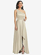 Front View Thumbnail - Champagne One-Shoulder High Low Maxi Dress with Pockets
