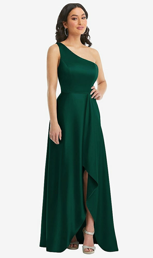 Front View - Hunter Green One-Shoulder High Low Maxi Dress with Pockets