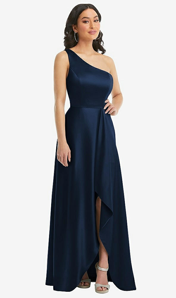 Front View - Midnight Navy One-Shoulder High Low Maxi Dress with Pockets