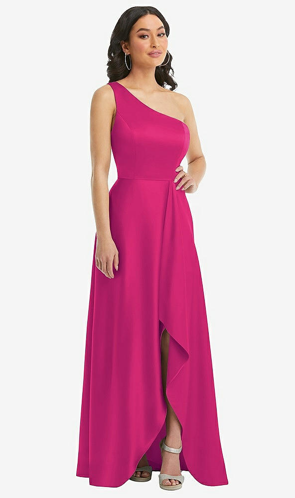 Front View - Think Pink One-Shoulder High Low Maxi Dress with Pockets