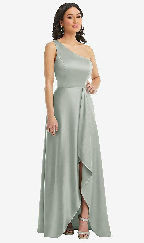 Front View - Willow Green One-Shoulder High Low Maxi Dress with Pockets