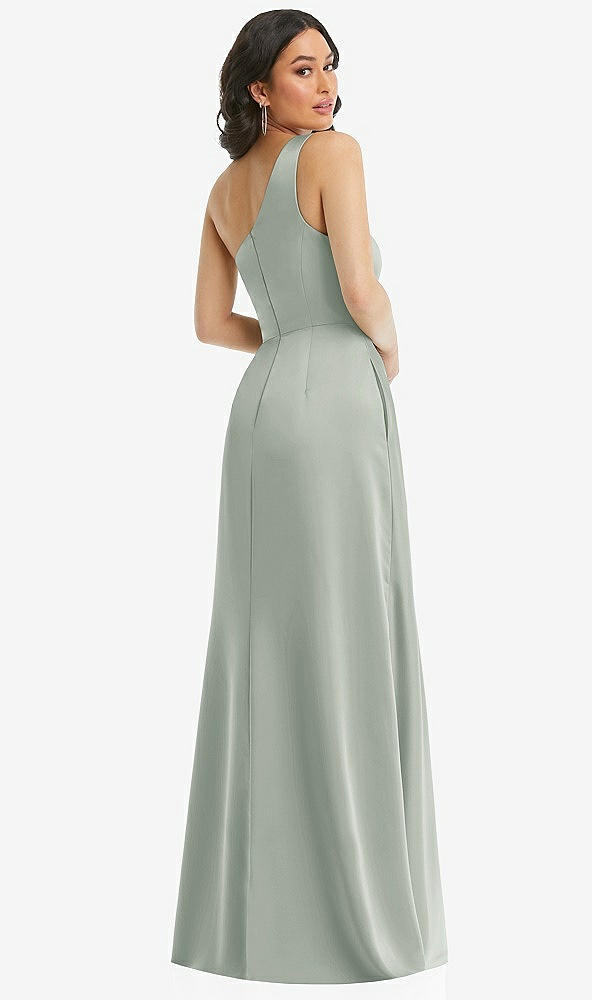Back View - Willow Green One-Shoulder High Low Maxi Dress with Pockets