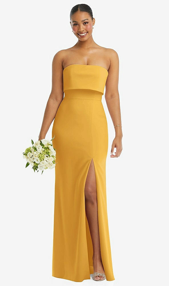 Front View - NYC Yellow Strapless Overlay Bodice Crepe Maxi Dress with Front Slit