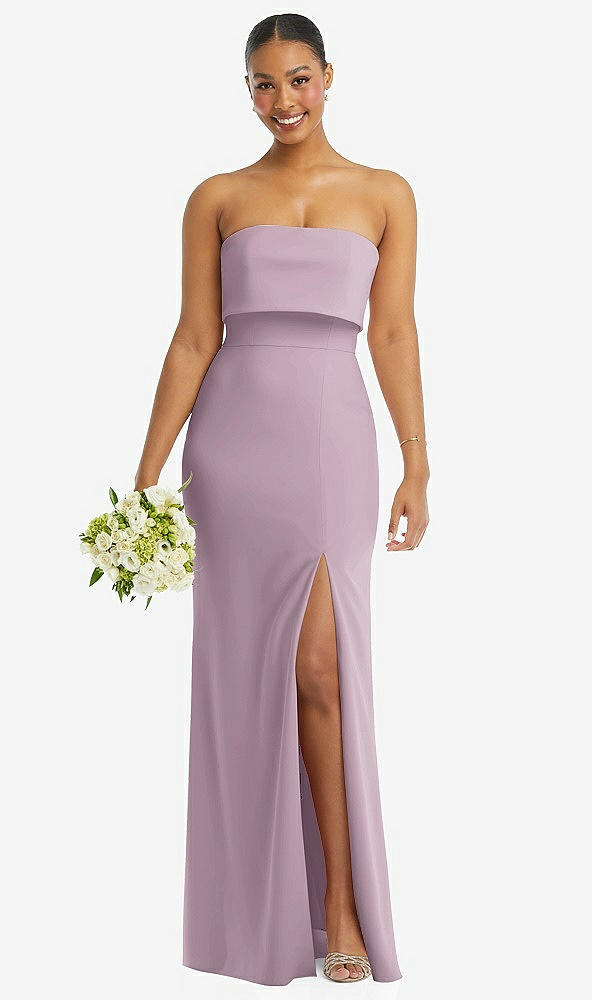 Front View - Suede Rose Strapless Overlay Bodice Crepe Maxi Dress with Front Slit