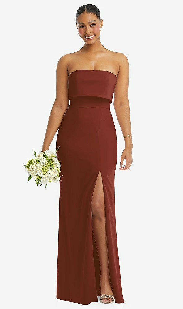 Front View - Auburn Moon Strapless Overlay Bodice Crepe Maxi Dress with Front Slit