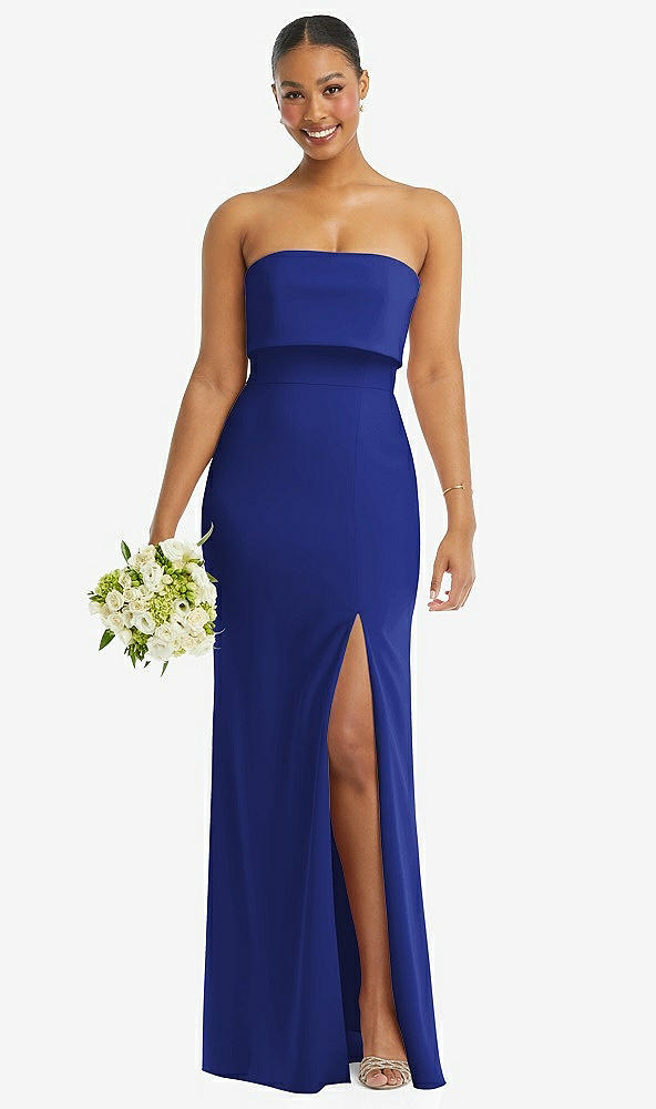 Front View - Cobalt Blue Strapless Overlay Bodice Crepe Maxi Dress with Front Slit