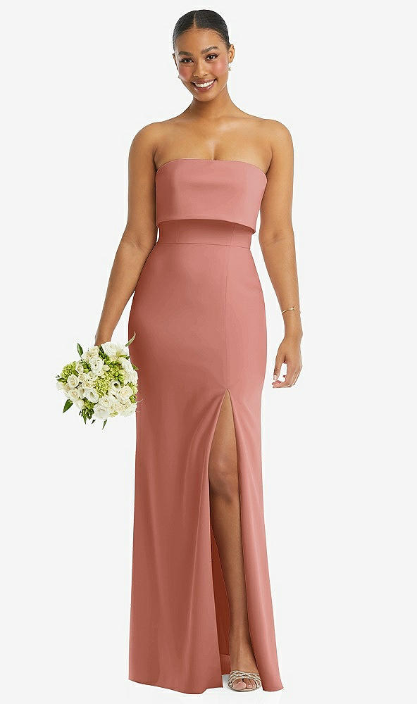 Front View - Desert Rose Strapless Overlay Bodice Crepe Maxi Dress with Front Slit