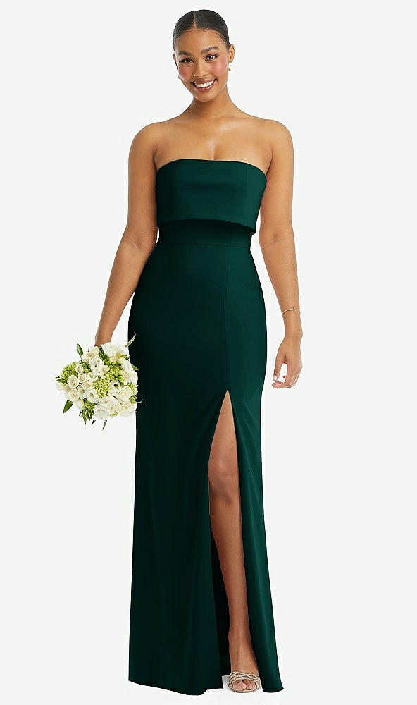 Front View - Evergreen Strapless Overlay Bodice Crepe Maxi Dress with Front Slit