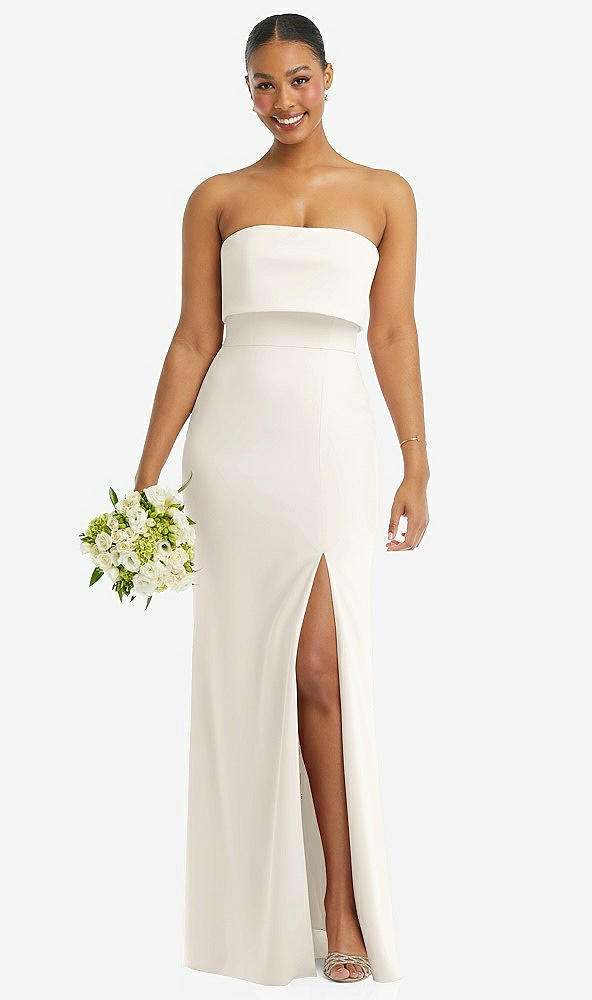 Front View - Ivory Strapless Overlay Bodice Crepe Maxi Dress with Front Slit