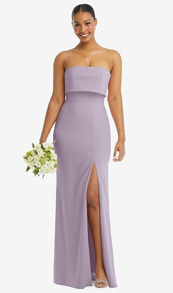 Front View - Lilac Haze Strapless Overlay Bodice Crepe Maxi Dress with Front Slit
