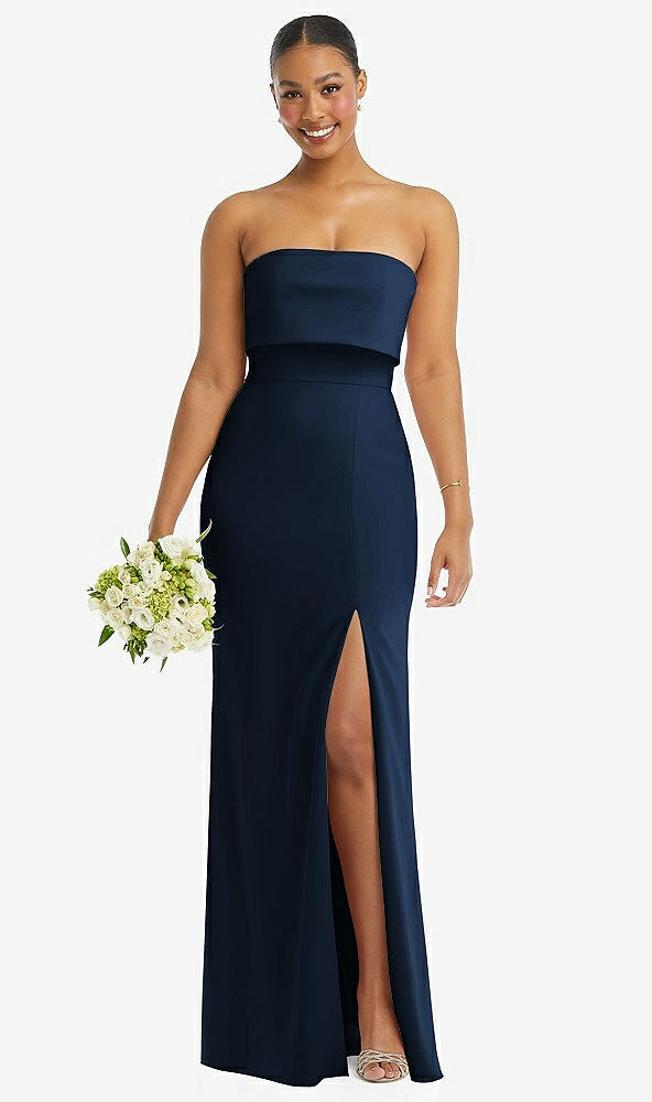 Front View - Midnight Navy Strapless Overlay Bodice Crepe Maxi Dress with Front Slit