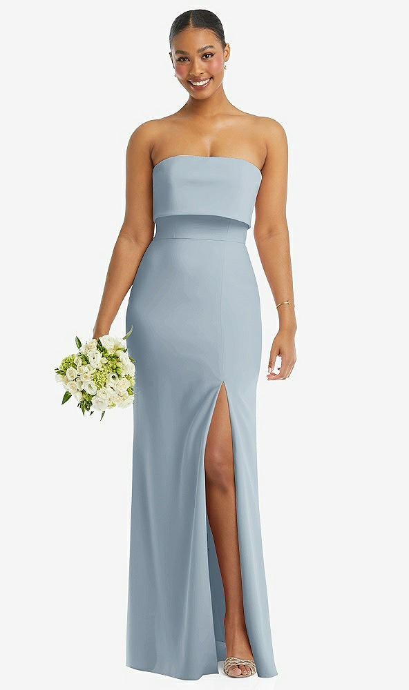 Front View - Mist Strapless Overlay Bodice Crepe Maxi Dress with Front Slit