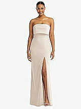 Alt View 1 Thumbnail - Oat Strapless Overlay Bodice Crepe Maxi Dress with Front Slit