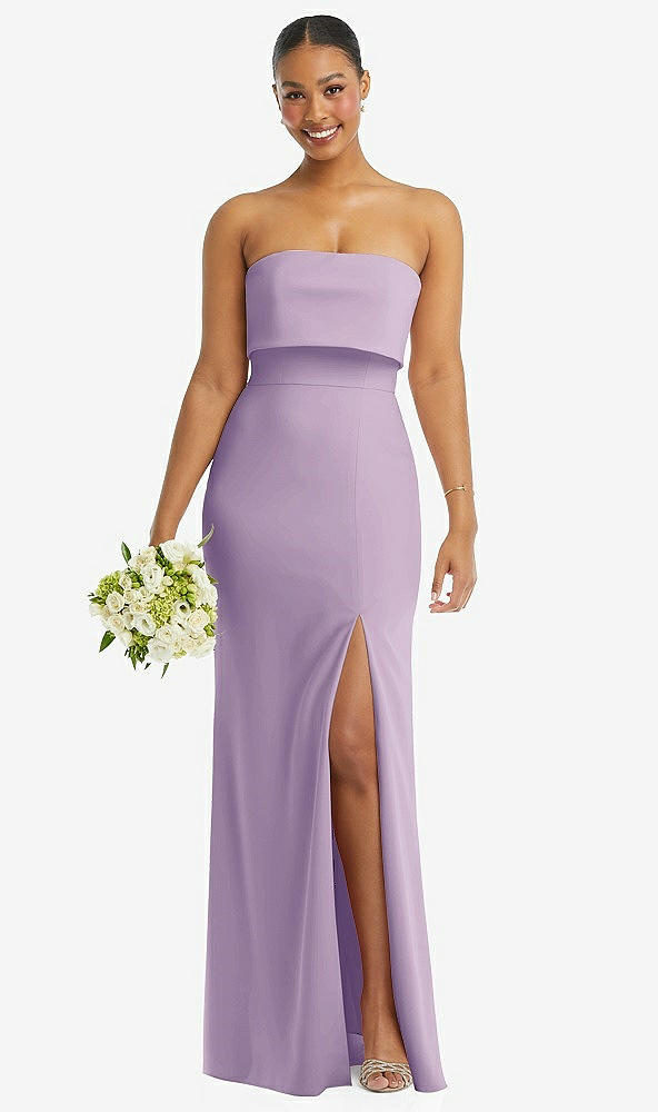 Front View - Pale Purple Strapless Overlay Bodice Crepe Maxi Dress with Front Slit