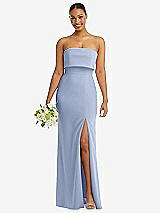 Front View Thumbnail - Sky Blue Strapless Overlay Bodice Crepe Maxi Dress with Front Slit