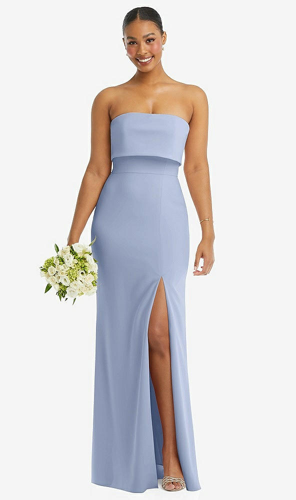 Front View - Sky Blue Strapless Overlay Bodice Crepe Maxi Dress with Front Slit