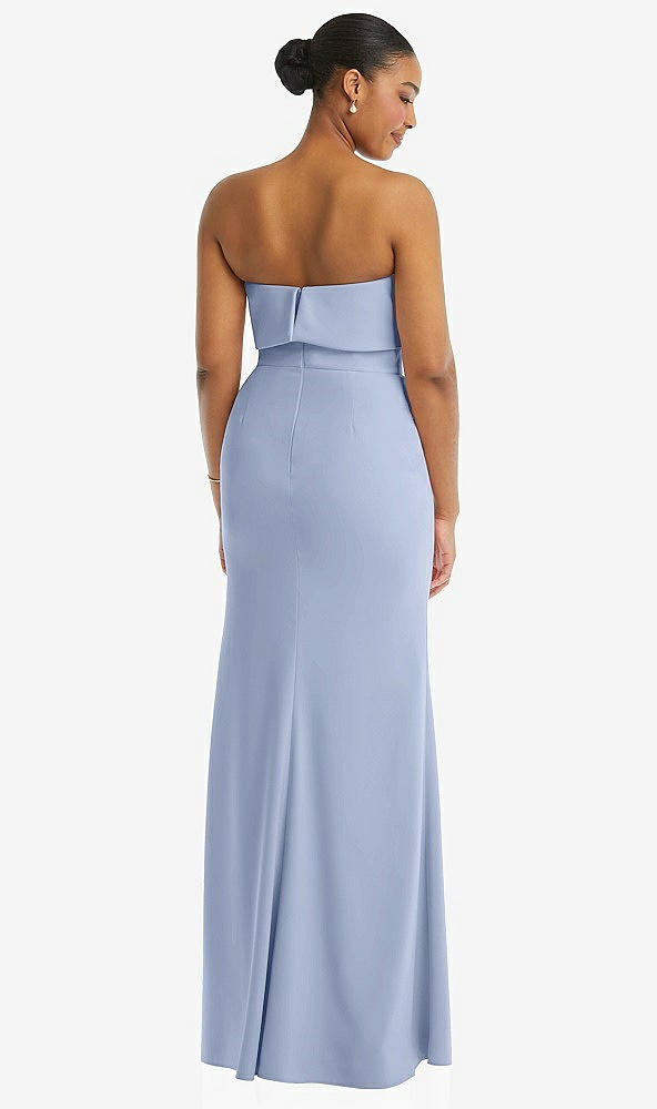 Back View - Sky Blue Strapless Overlay Bodice Crepe Maxi Dress with Front Slit