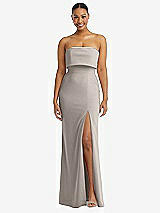 Alt View 1 Thumbnail - Taupe Strapless Overlay Bodice Crepe Maxi Dress with Front Slit