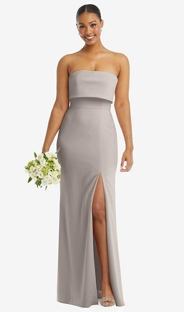 Front View - Taupe Strapless Overlay Bodice Crepe Maxi Dress with Front Slit