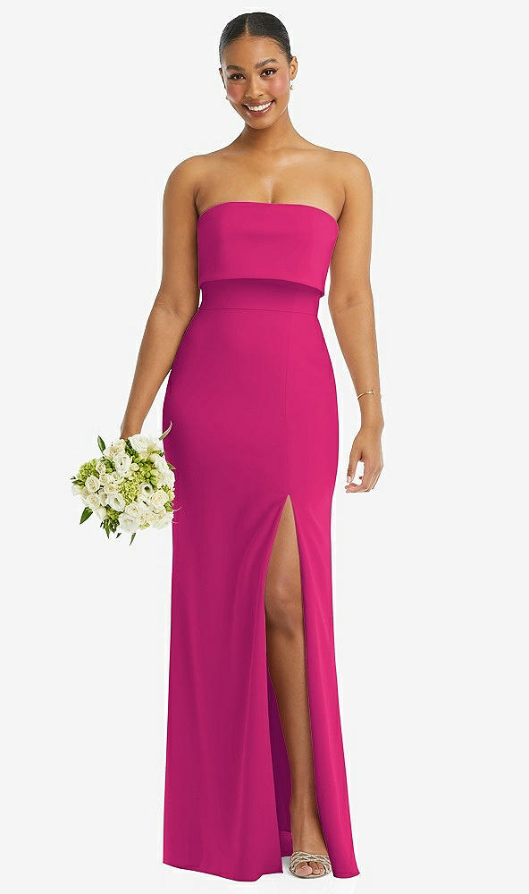 Front View - Think Pink Strapless Overlay Bodice Crepe Maxi Dress with Front Slit