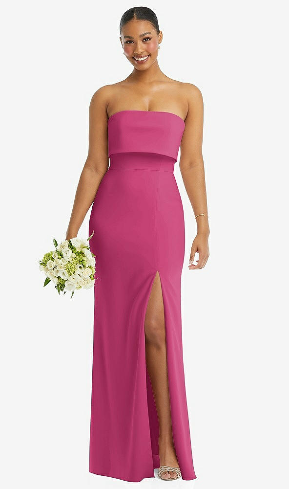 Front View - Tea Rose Strapless Overlay Bodice Crepe Maxi Dress with Front Slit